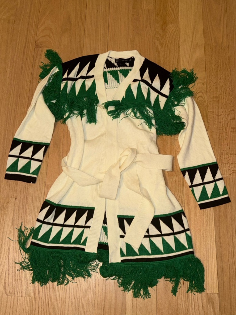 Cream and Green Fringe Knit Belted Cardigan Sweater